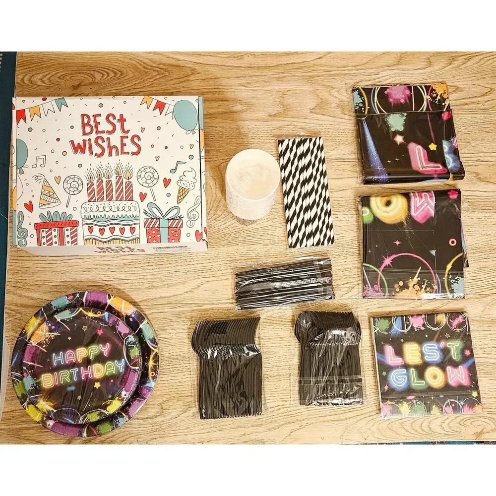 NEW Birthday Wishes Party Box 24 Large & Small Plates Cups Cutlery 2 Table Cover